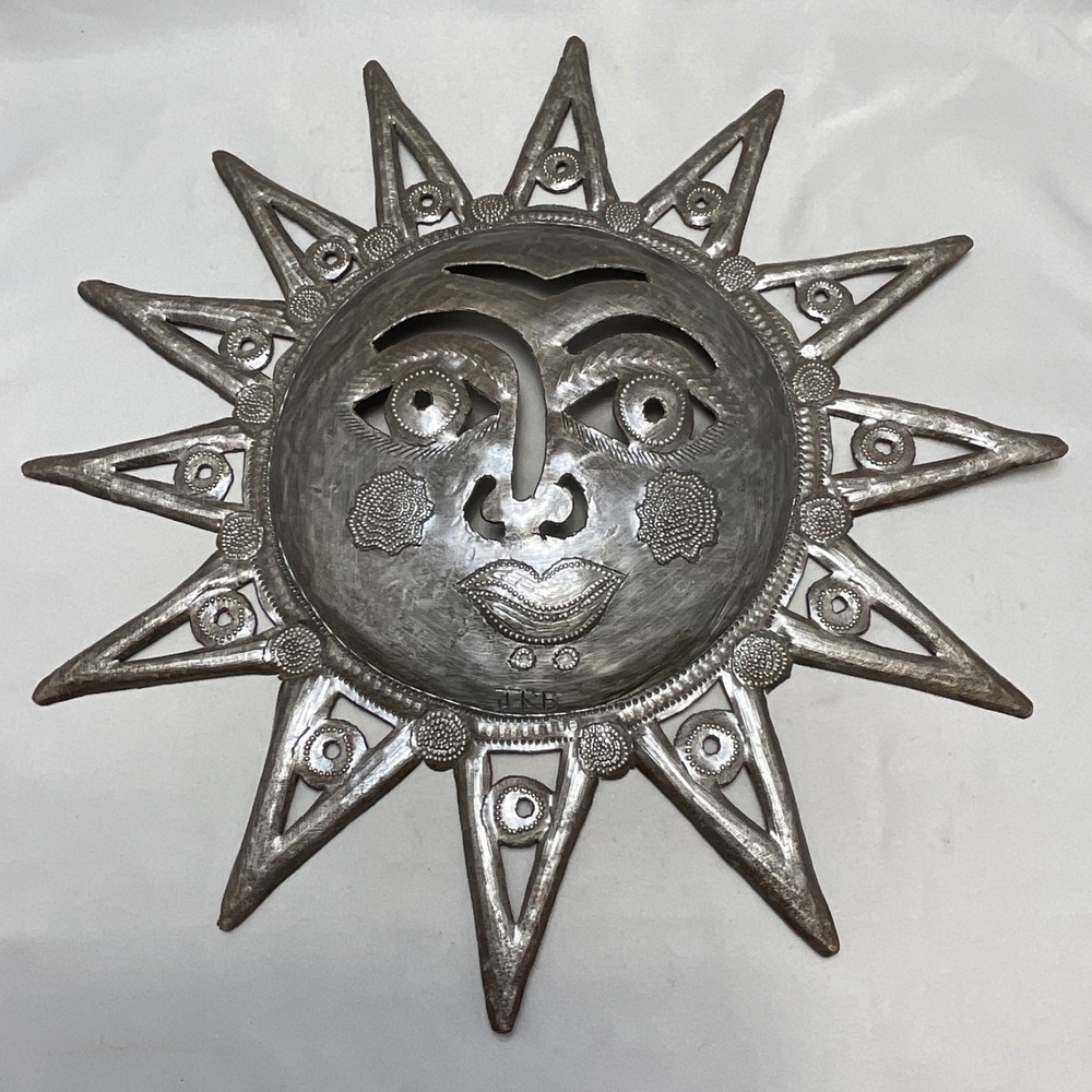 Sun Face Wall Decor Silver Tin Haitian Signed Oil Drum Folk Art Celestial
